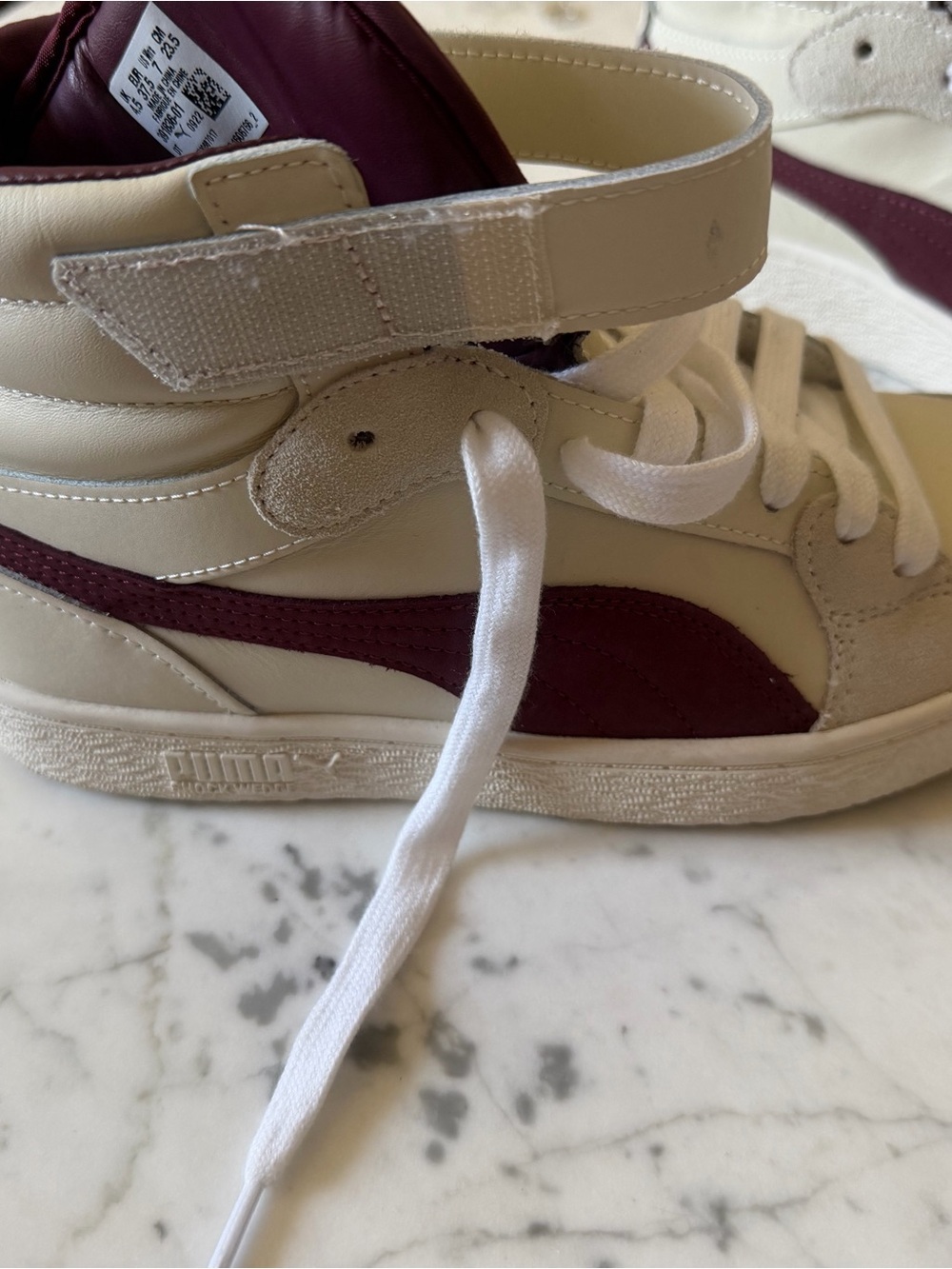 Puma x June Ambrose Ralph Sampson High-Top Sneakers in Cream and Burgundy Accent
